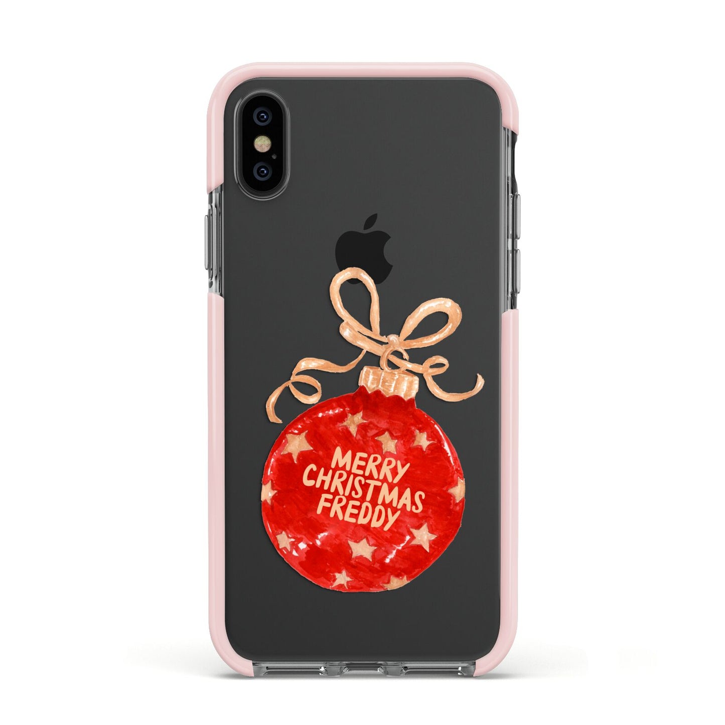 Christmas Bauble Personalised Apple iPhone Xs Impact Case Pink Edge on Black Phone