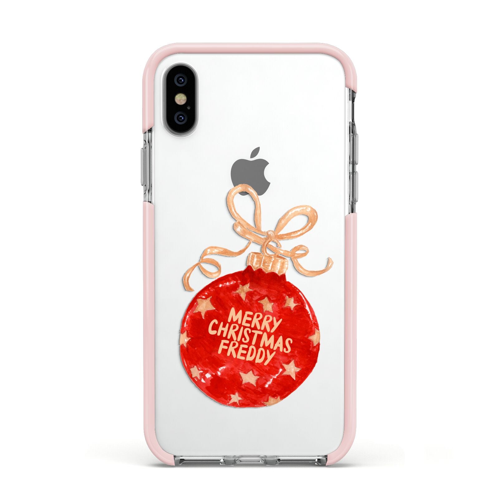 Christmas Bauble Personalised Apple iPhone Xs Impact Case Pink Edge on Silver Phone