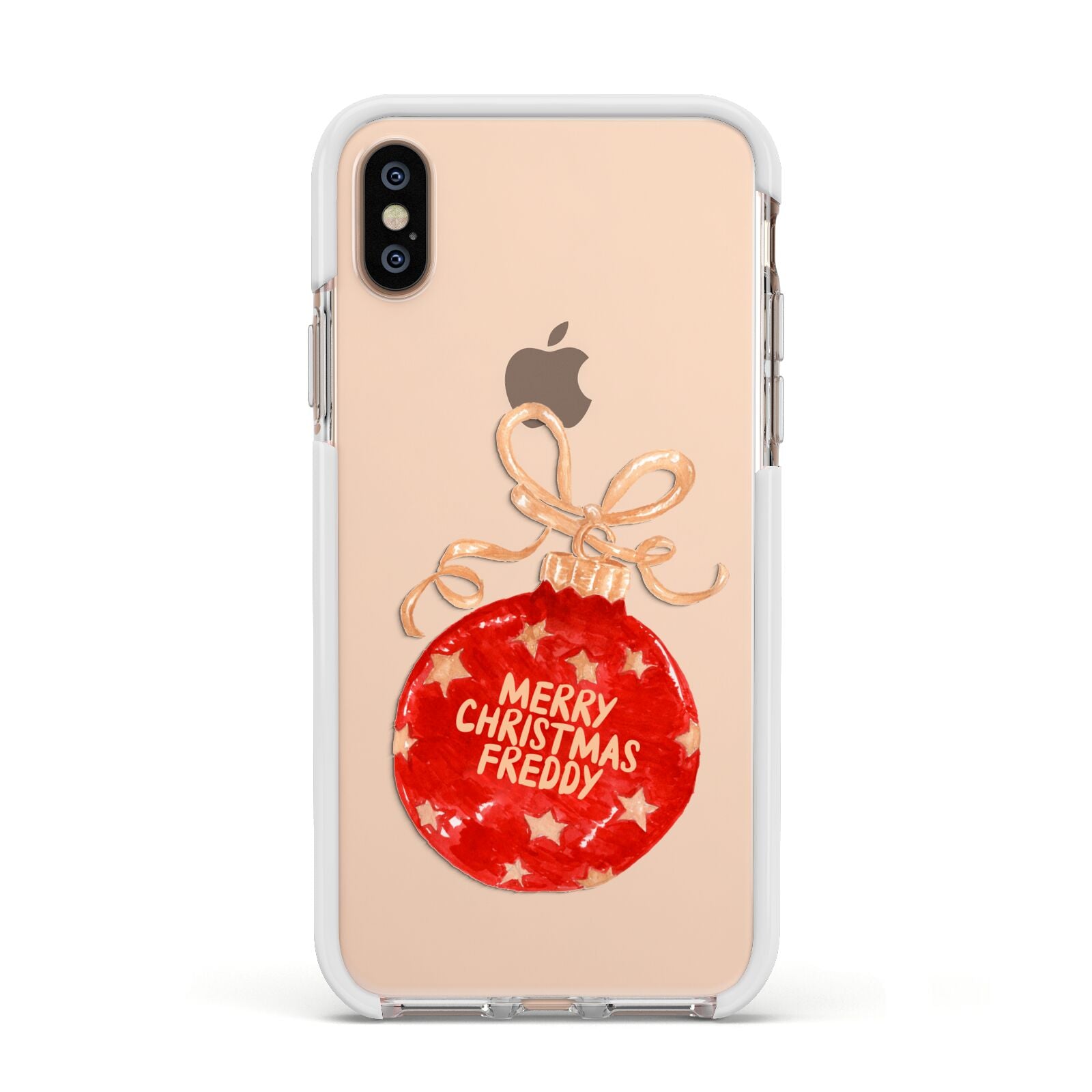 Christmas Bauble Personalised Apple iPhone Xs Impact Case White Edge on Gold Phone