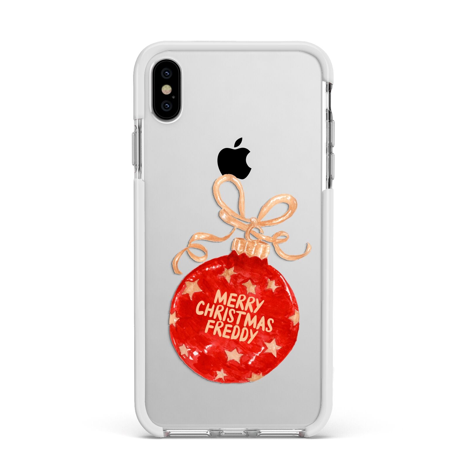 Christmas Bauble Personalised Apple iPhone Xs Max Impact Case White Edge on Silver Phone