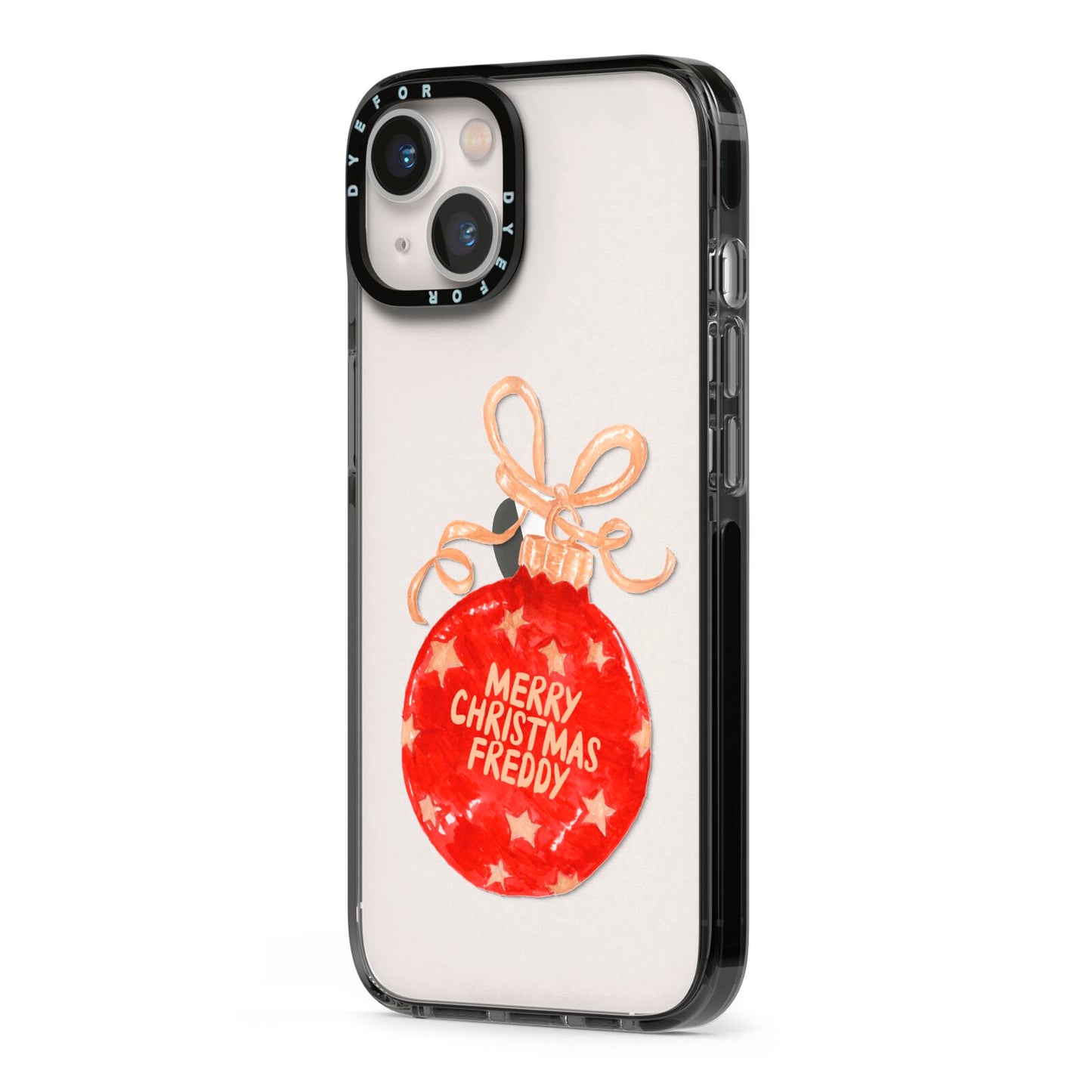 Christmas Bauble Personalised iPhone 13 Black Impact Case Side Angle on Silver phone