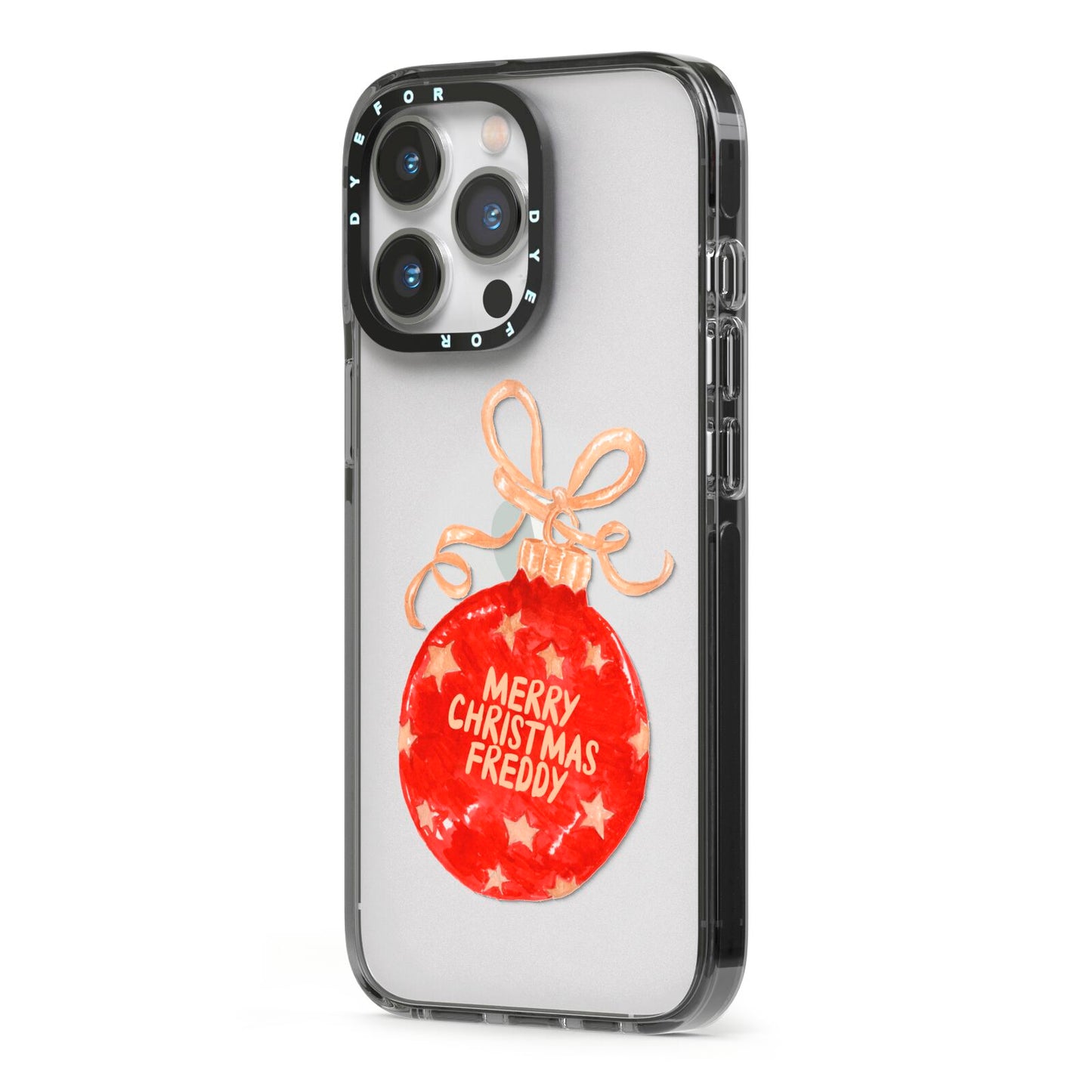 Christmas Bauble Personalised iPhone 13 Pro Black Impact Case Side Angle on Silver phone