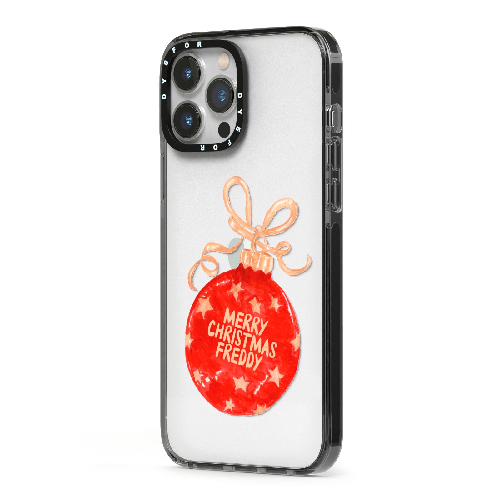 Christmas Bauble Personalised iPhone 13 Pro Max Black Impact Case Side Angle on Silver phone