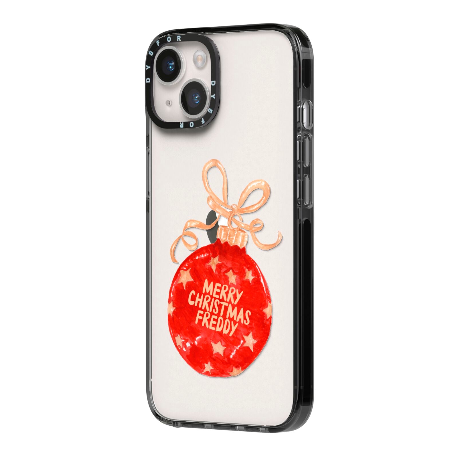 Christmas Bauble Personalised iPhone 14 Black Impact Case Side Angle on Silver phone