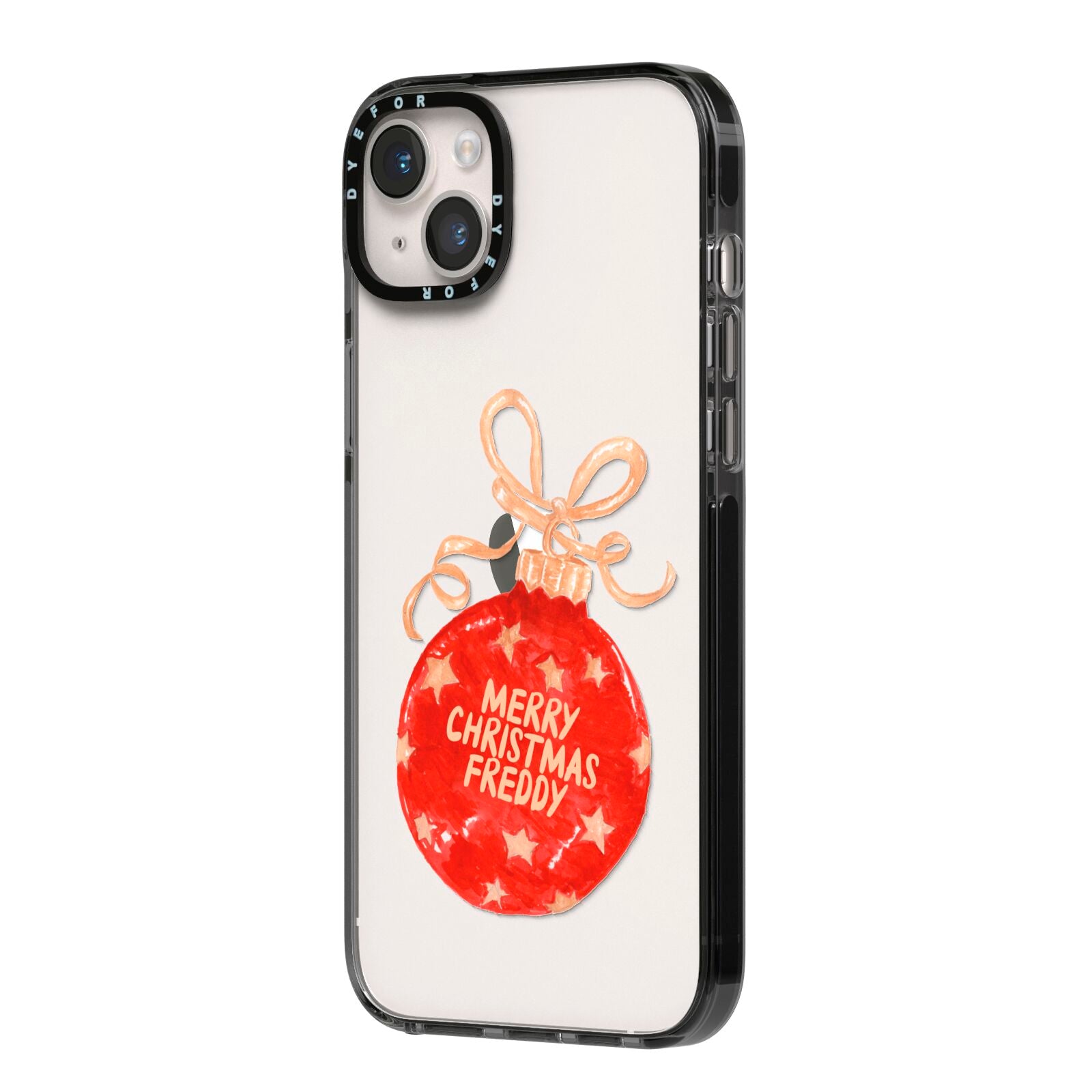 Christmas Bauble Personalised iPhone 14 Plus Black Impact Case Side Angle on Silver phone