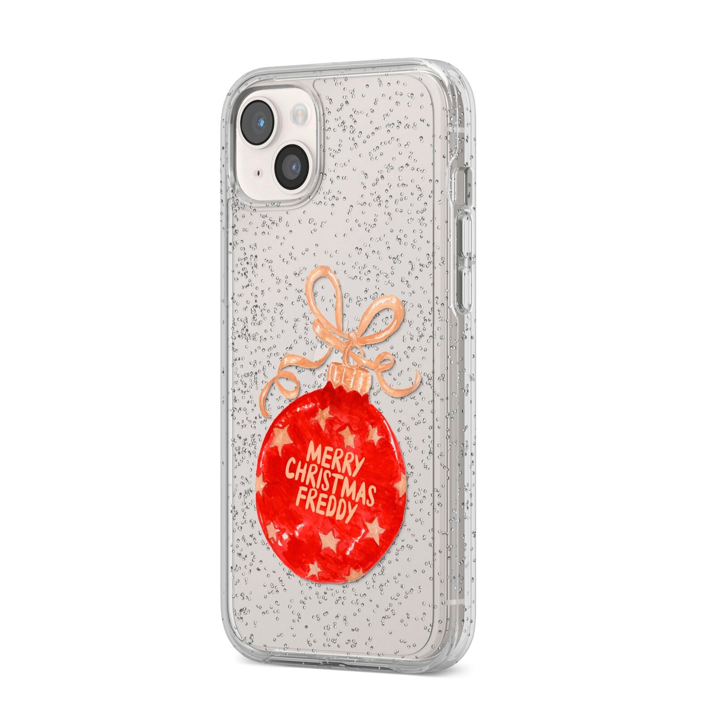 Christmas Bauble Personalised iPhone 14 Plus Glitter Tough Case Starlight Angled Image