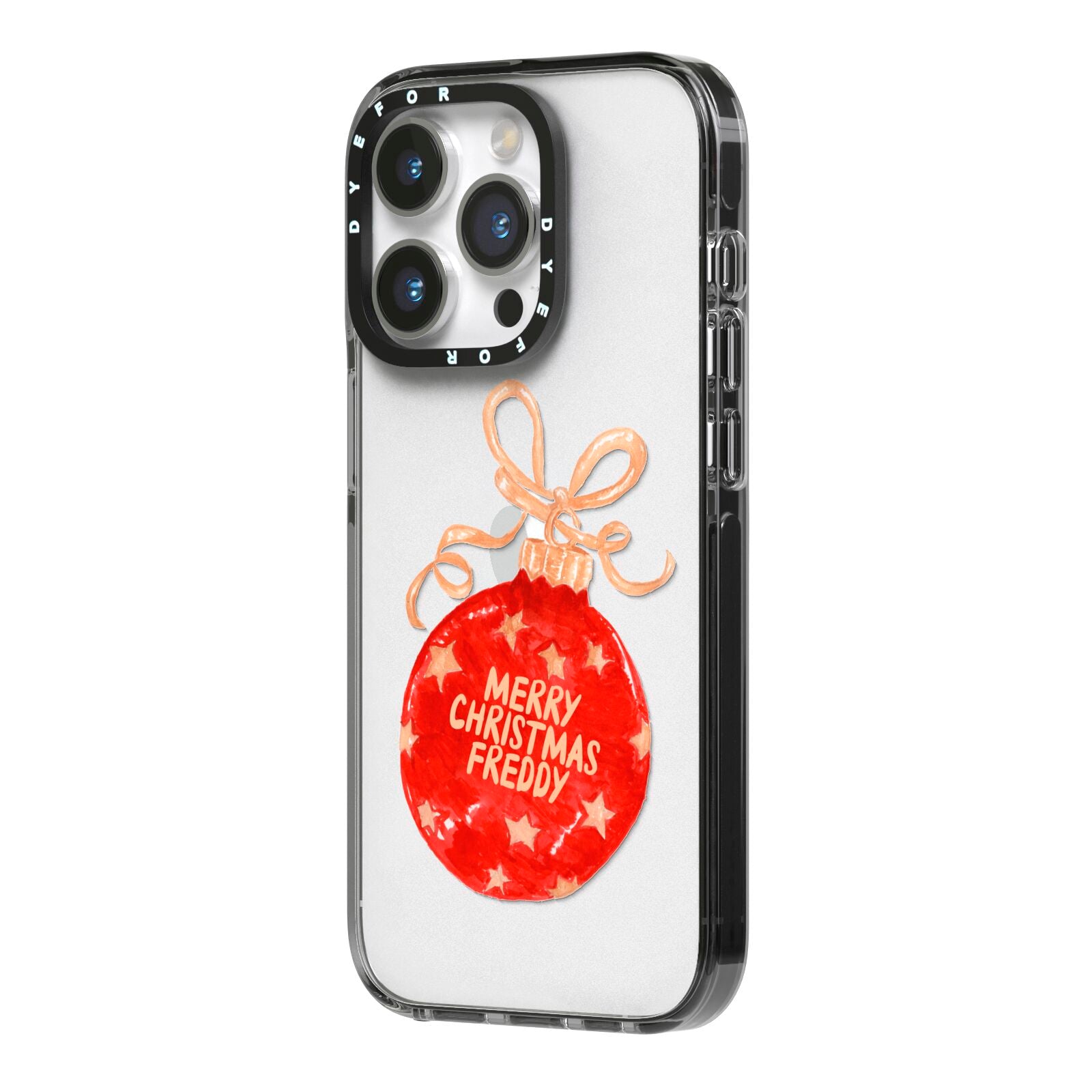 Christmas Bauble Personalised iPhone 14 Pro Black Impact Case Side Angle on Silver phone