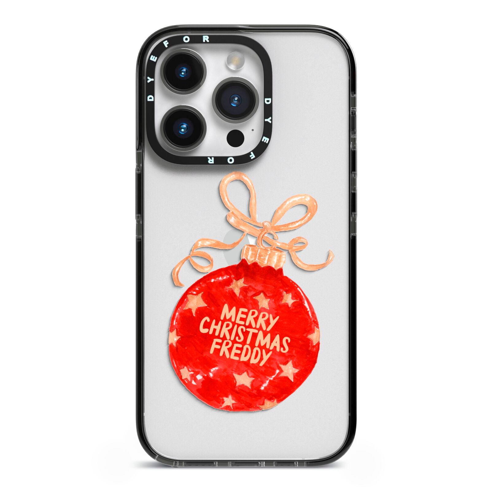 Christmas Bauble Personalised iPhone 14 Pro Black Impact Case on Silver phone