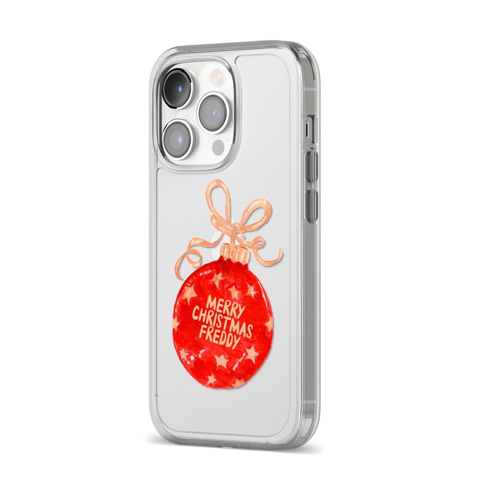 Christmas Bauble Personalised iPhone 14 Pro Clear Tough Case Silver Angled Image