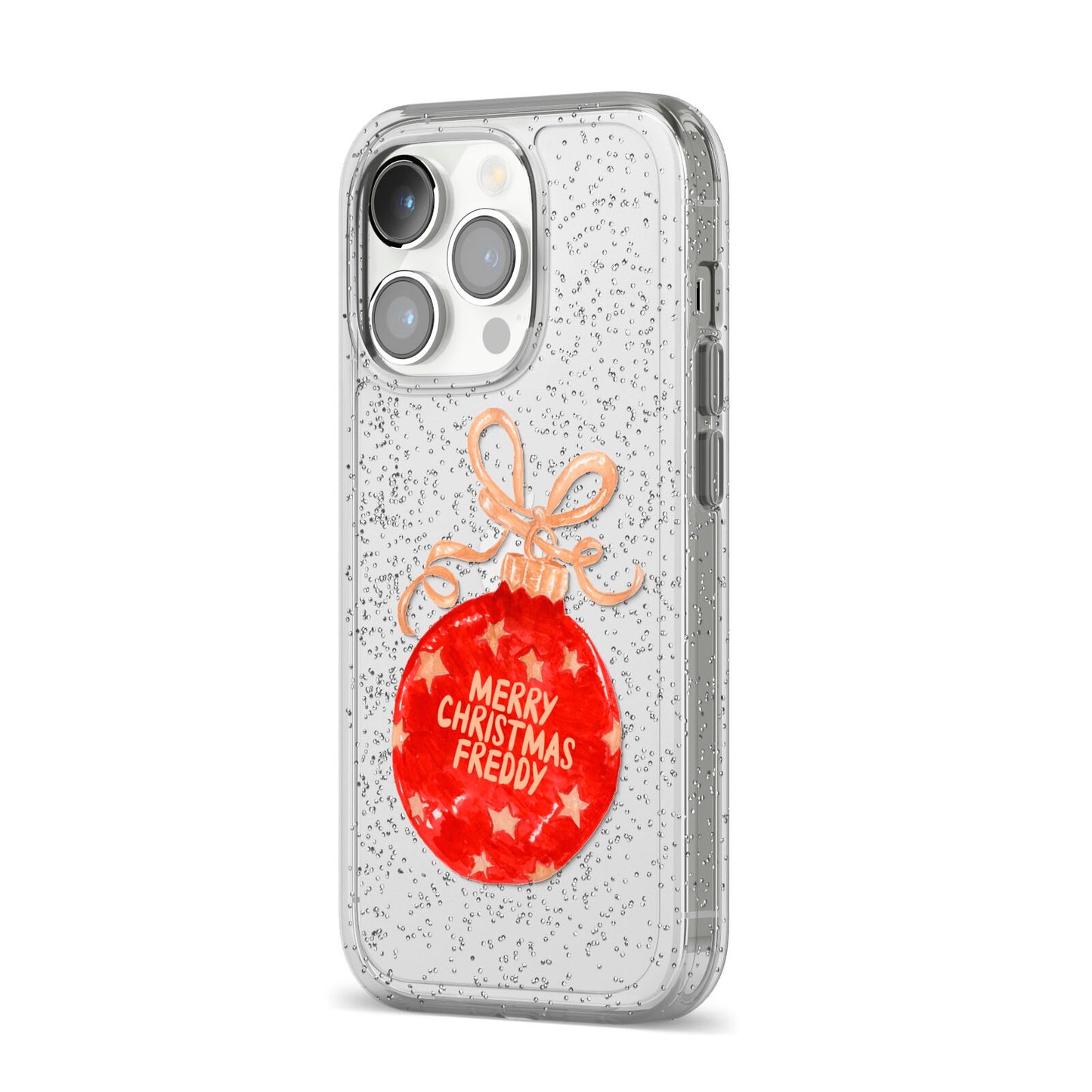 Christmas Bauble Personalised iPhone 14 Pro Glitter Tough Case Silver Angled Image