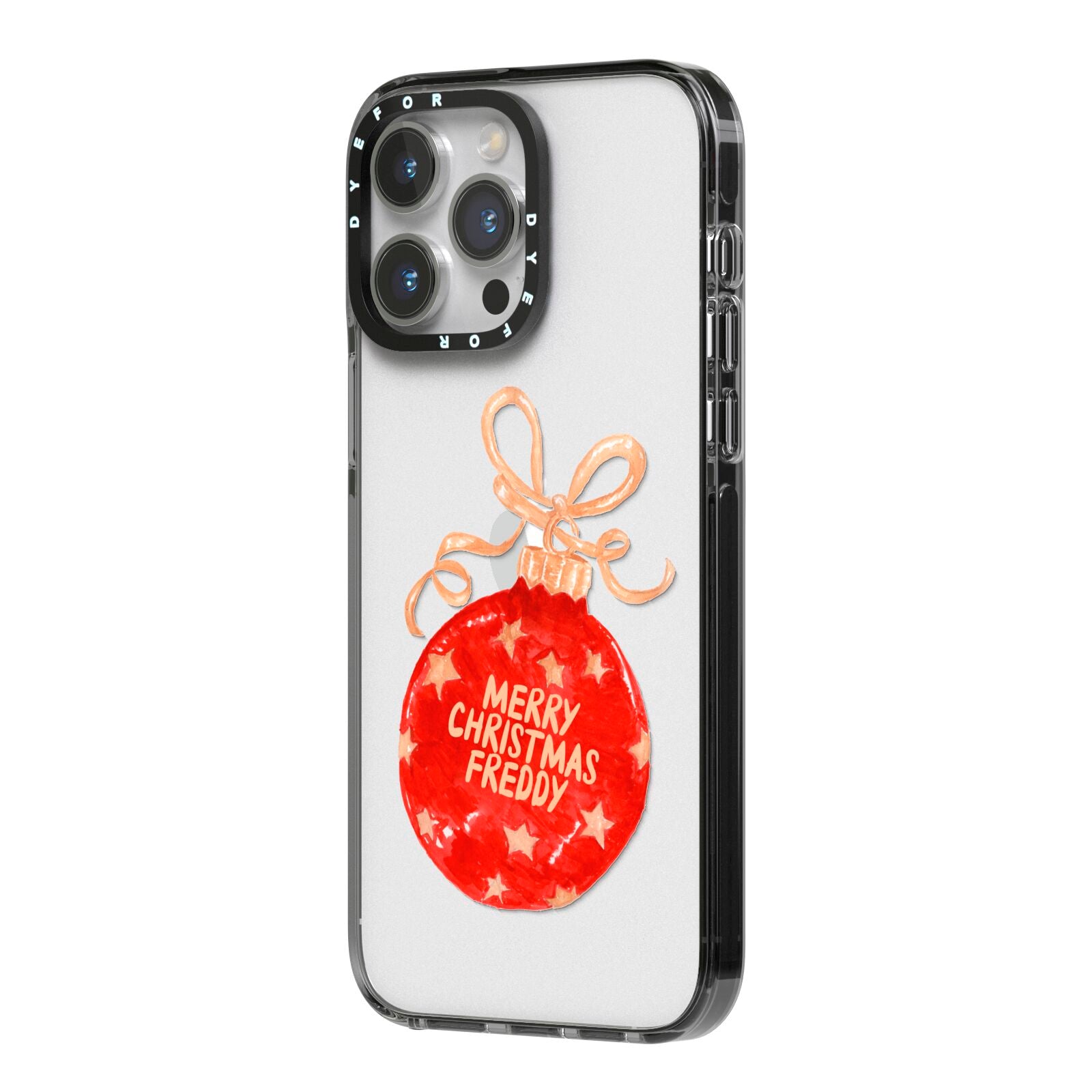 Christmas Bauble Personalised iPhone 14 Pro Max Black Impact Case Side Angle on Silver phone