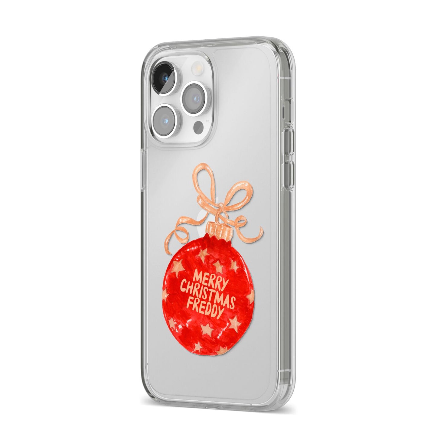 Christmas Bauble Personalised iPhone 14 Pro Max Clear Tough Case Silver Angled Image