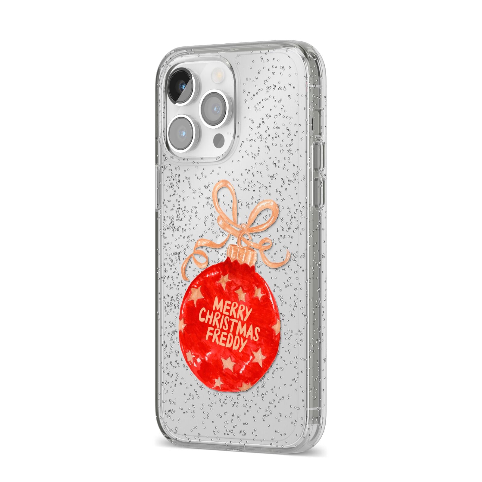 Christmas Bauble Personalised iPhone 14 Pro Max Glitter Tough Case Silver Angled Image