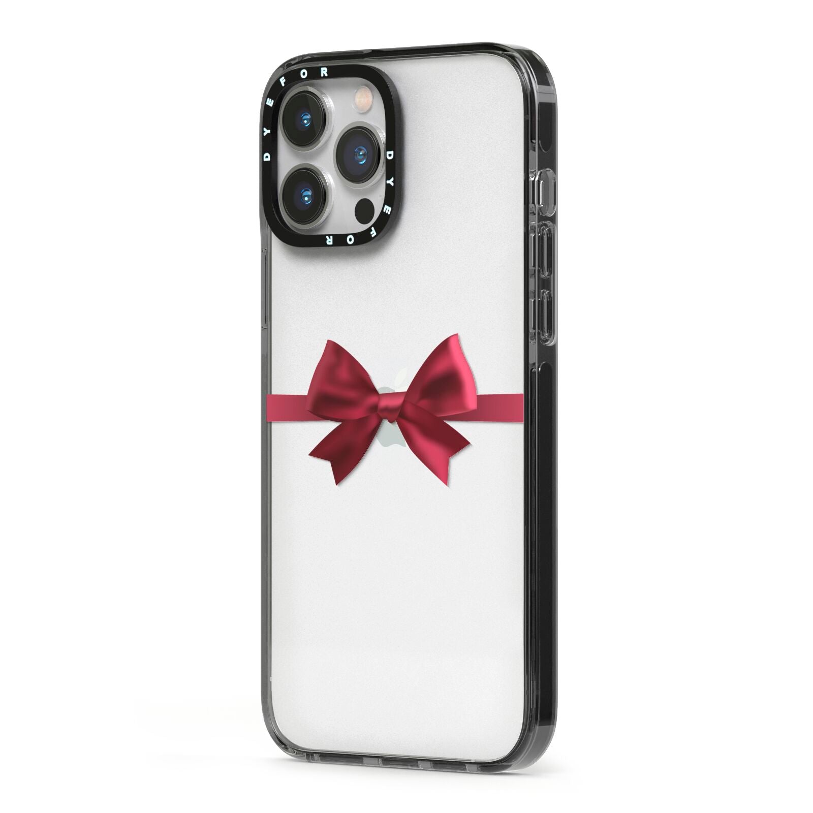 Christmas Bow iPhone 13 Pro Max Black Impact Case Side Angle on Silver phone