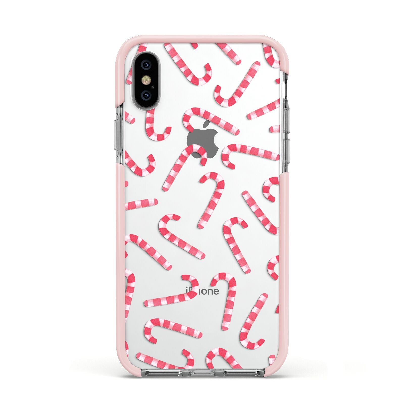 Christmas Candy Cane Apple iPhone Xs Impact Case Pink Edge on Silver Phone