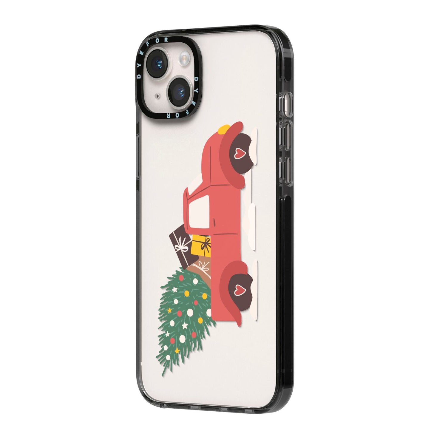 Christmas Car iPhone 14 Plus Black Impact Case Side Angle on Silver phone