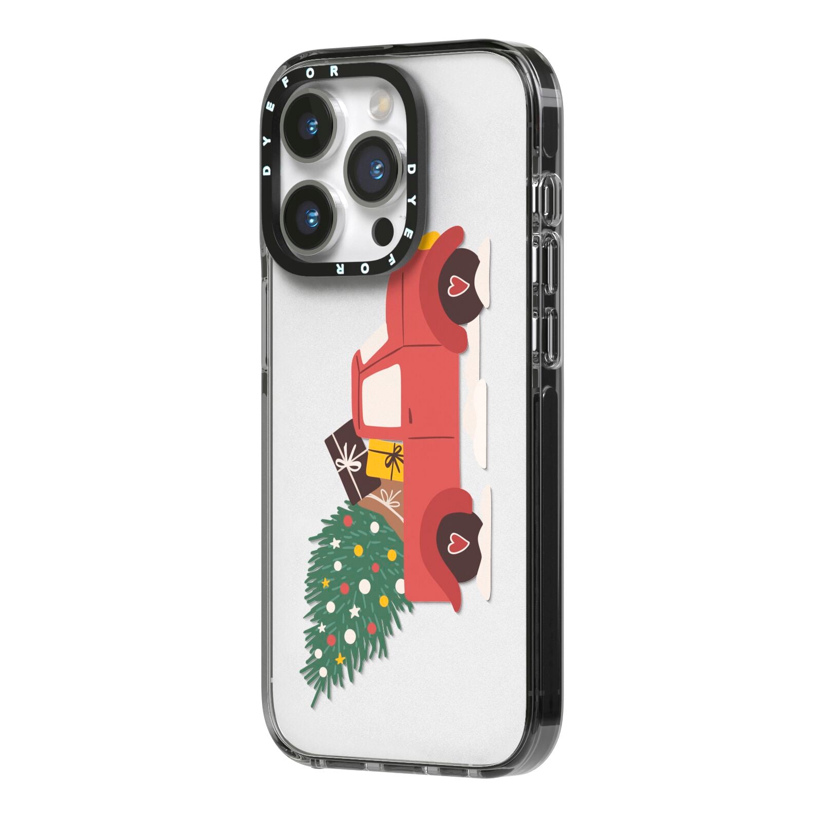 Christmas Car iPhone 14 Pro Black Impact Case Side Angle on Silver phone