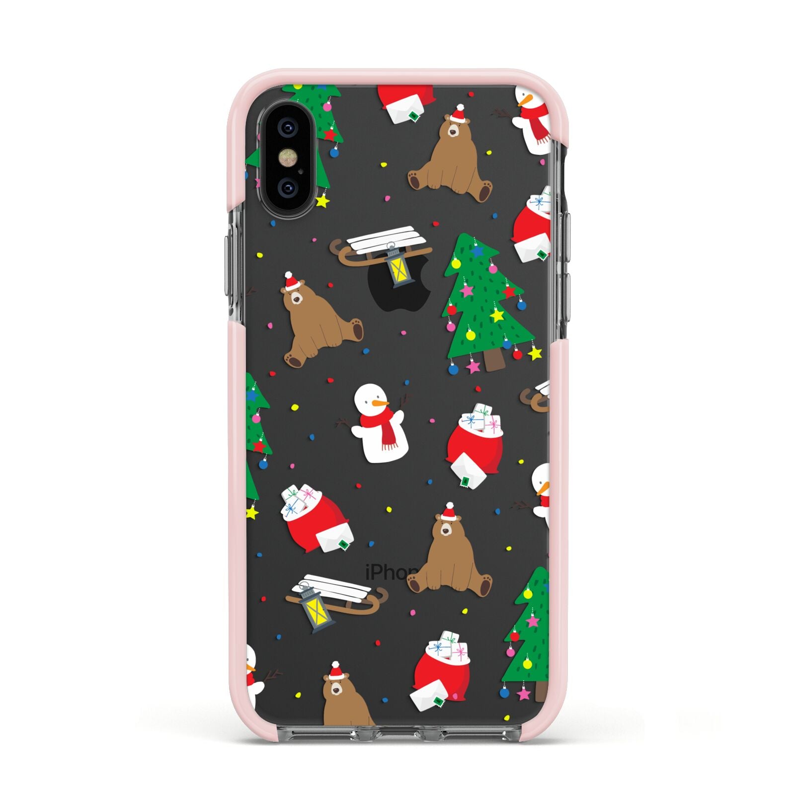 Christmas Clear Apple iPhone Xs Impact Case Pink Edge on Black Phone
