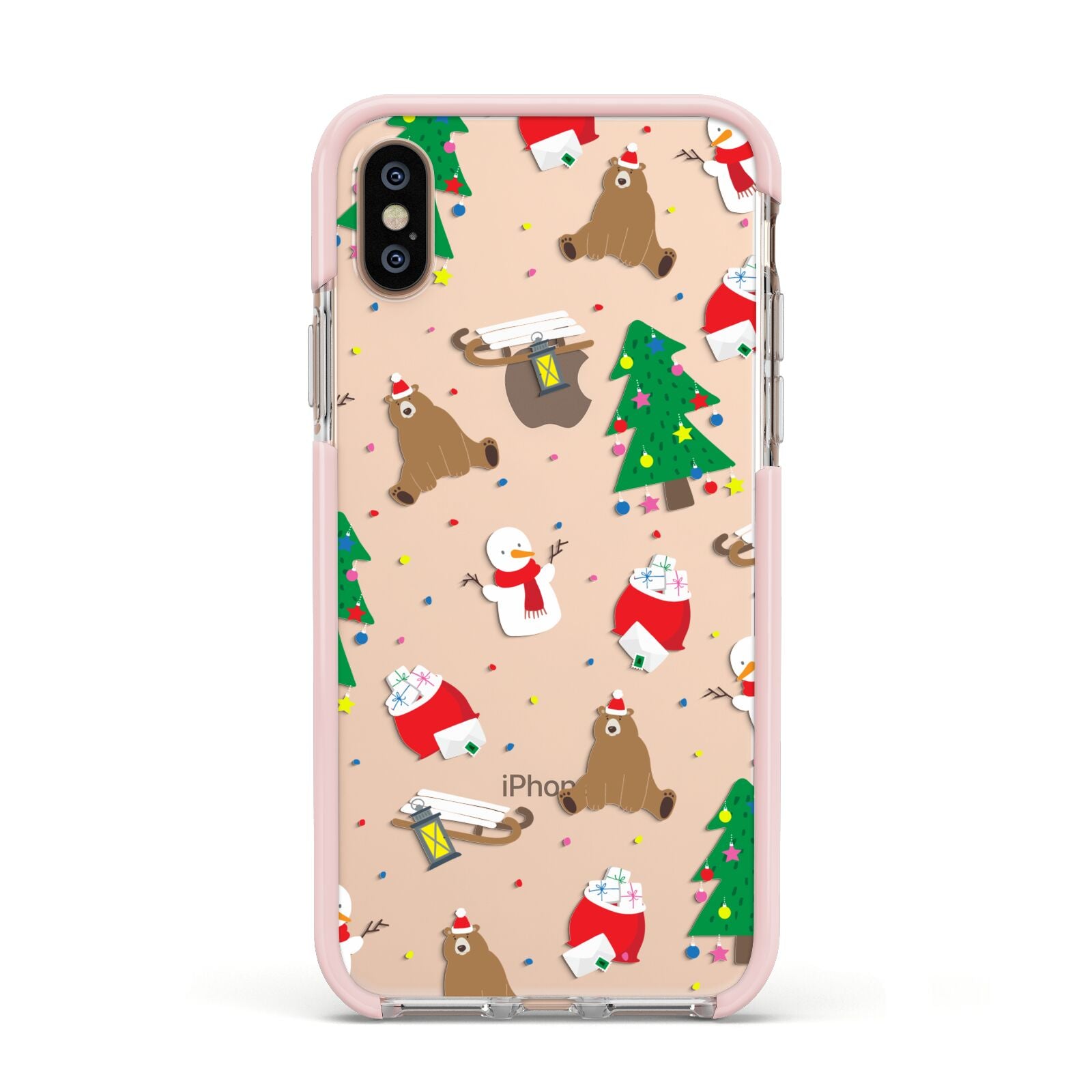 Christmas Clear Apple iPhone Xs Impact Case Pink Edge on Gold Phone