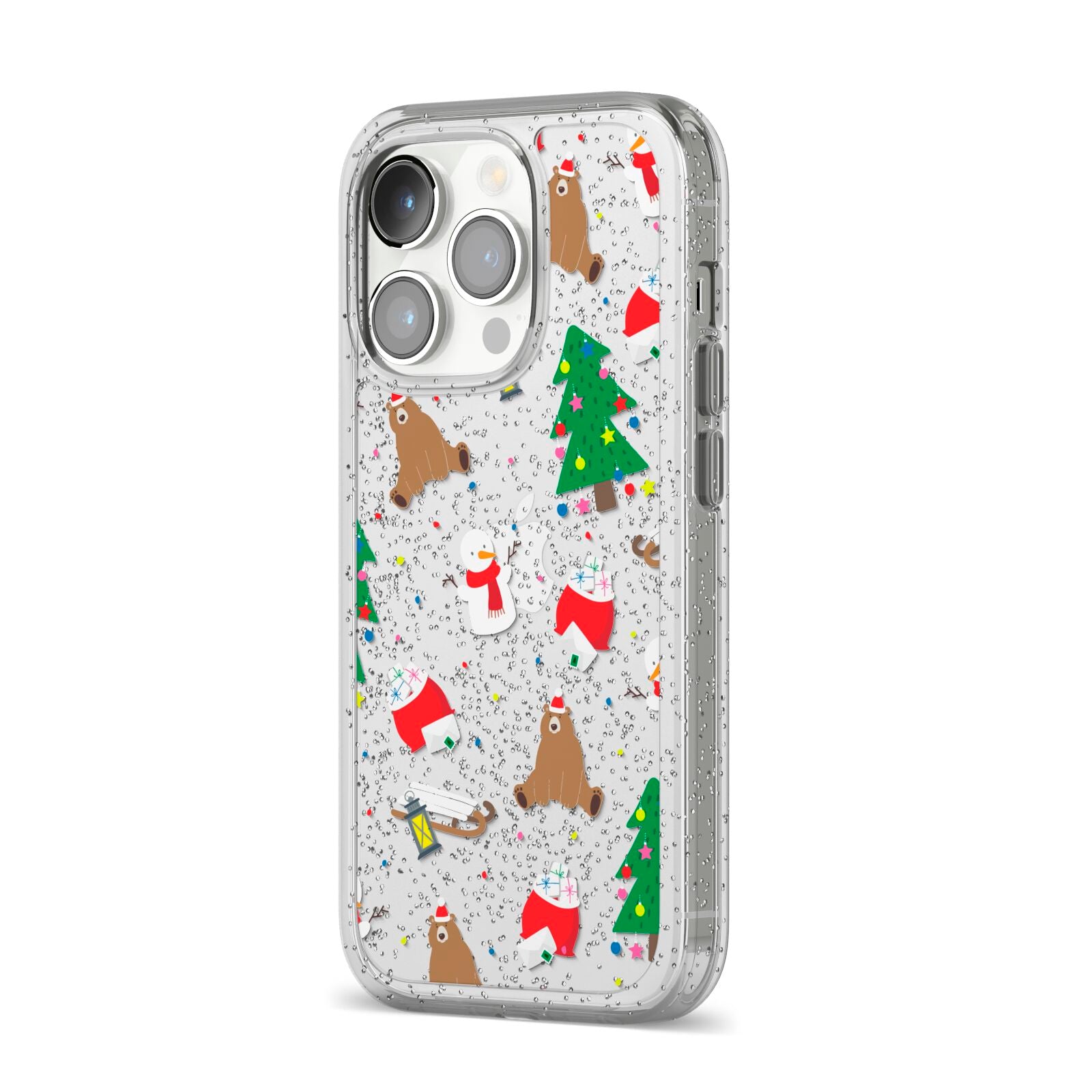 Christmas Clear iPhone 14 Pro Glitter Tough Case Silver Angled Image