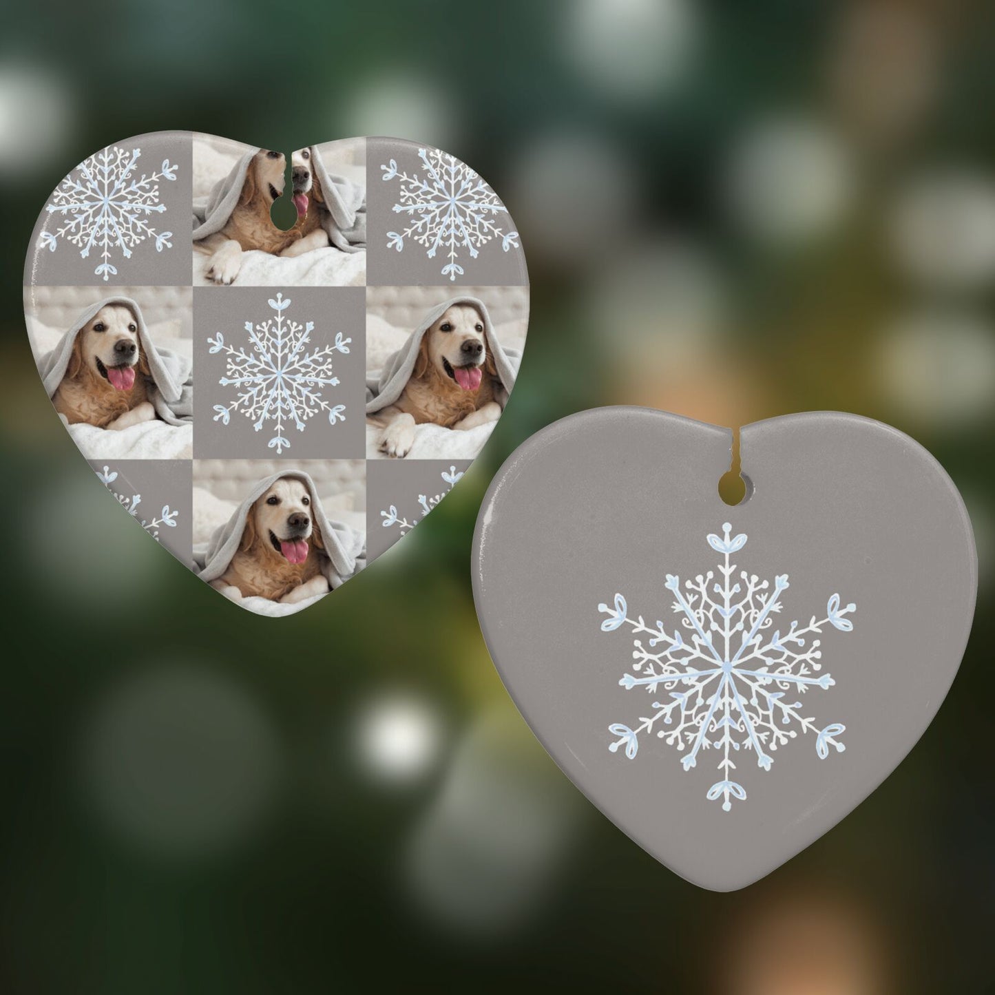 Christmas Dog Photo Heart Decoration on Christmas Background