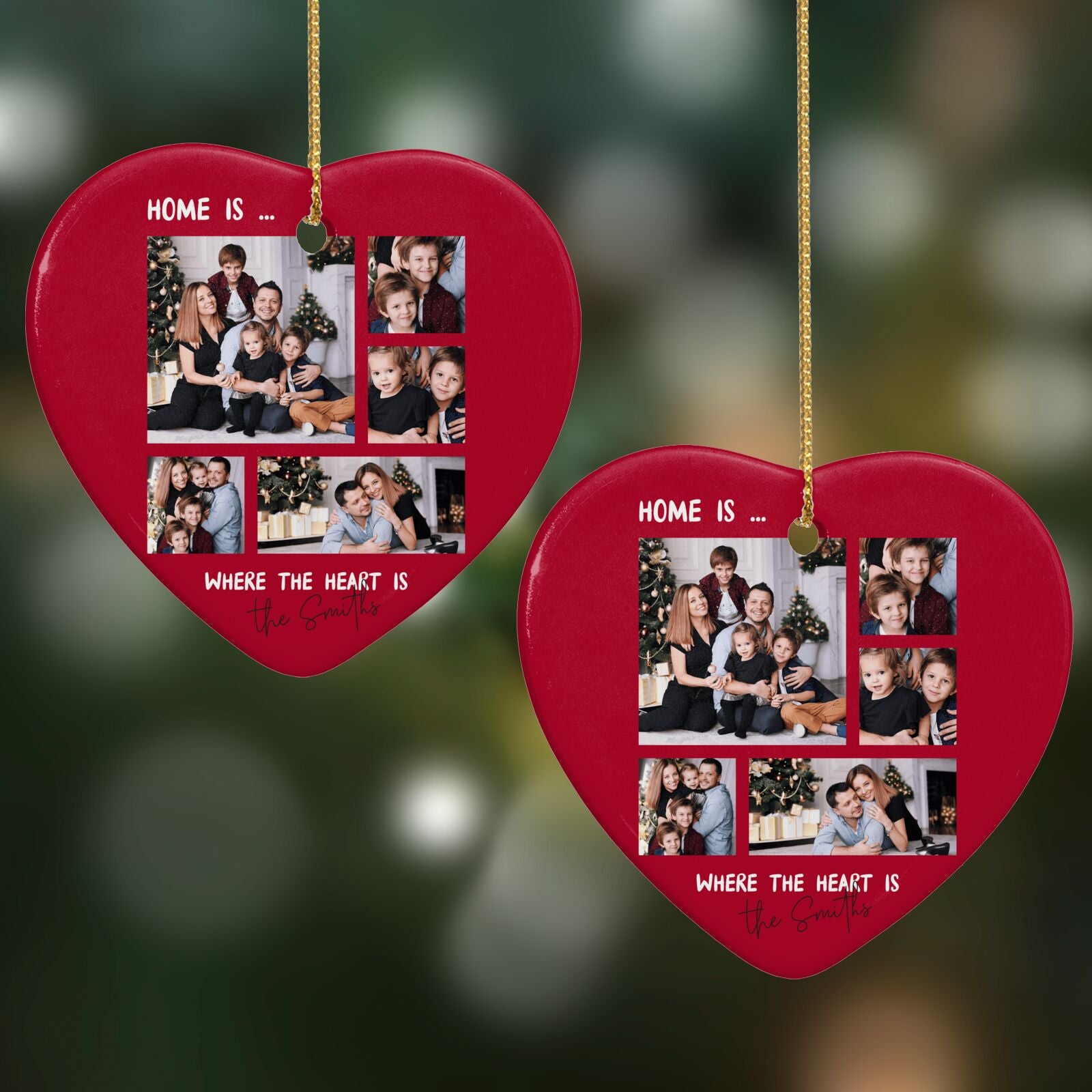 Christmas Family Photo Personalised Heart Decoration on Christmas Background