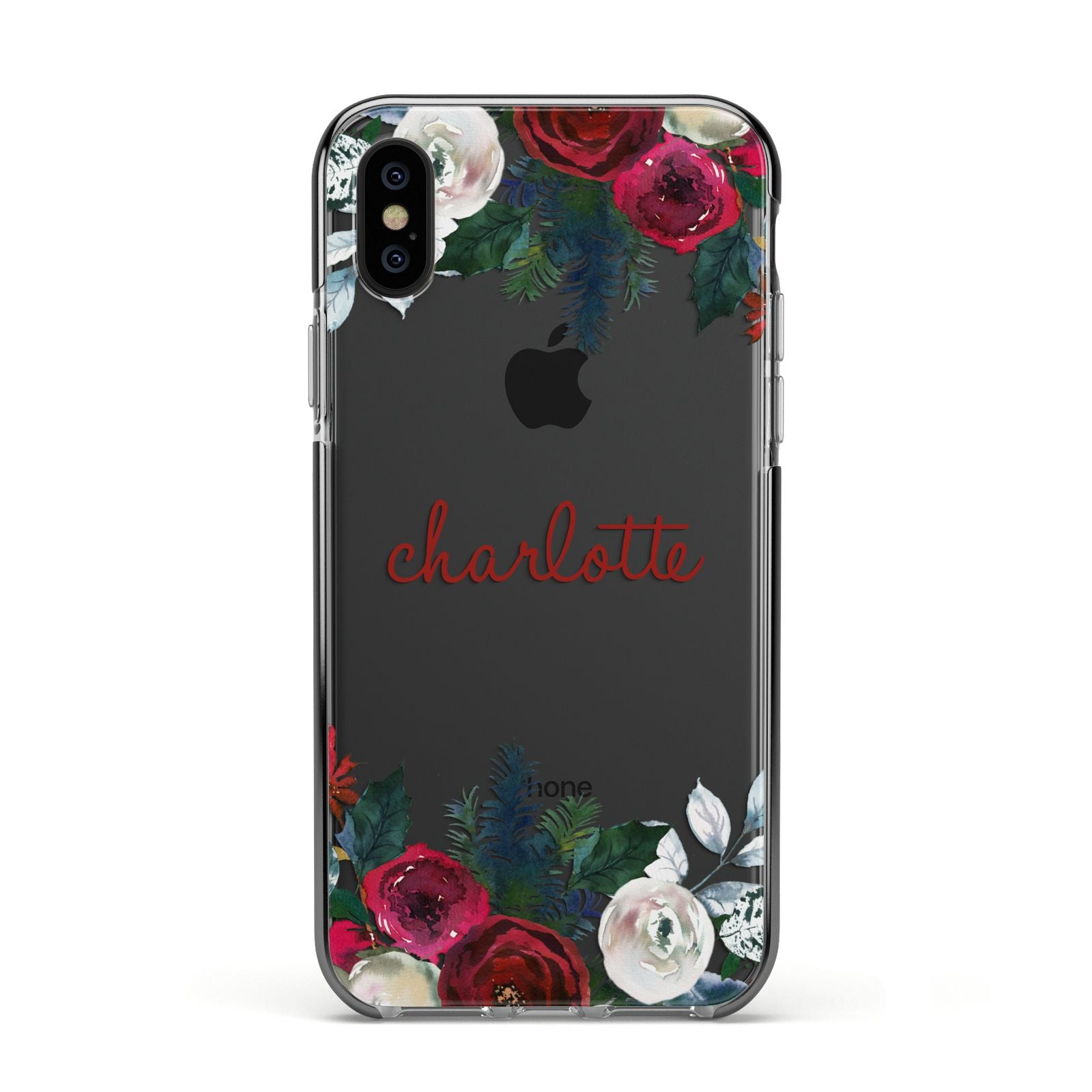 Christmas Flowers Personalised Apple iPhone Xs Impact Case Black Edge on Black Phone