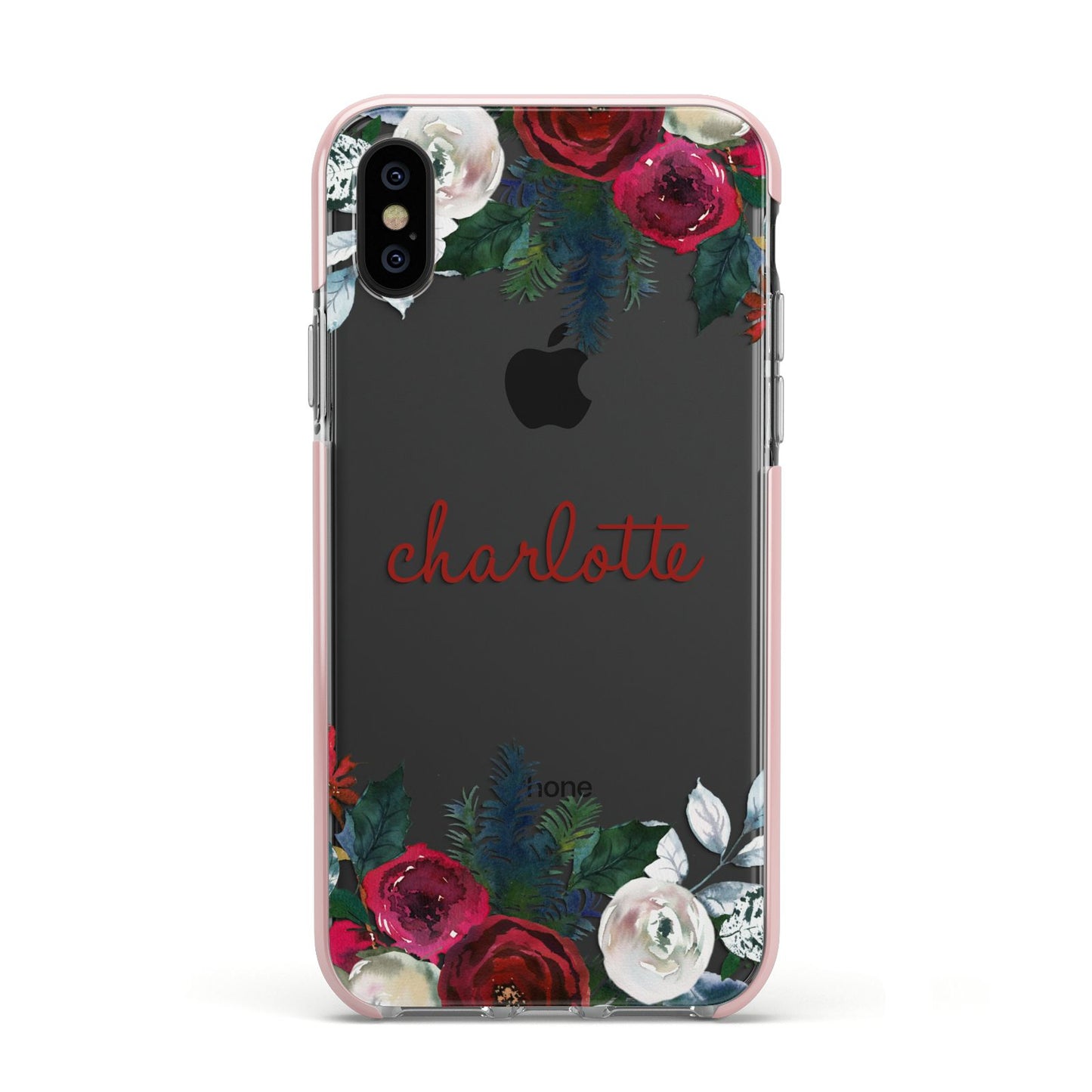 Christmas Flowers Personalised Apple iPhone Xs Impact Case Pink Edge on Black Phone