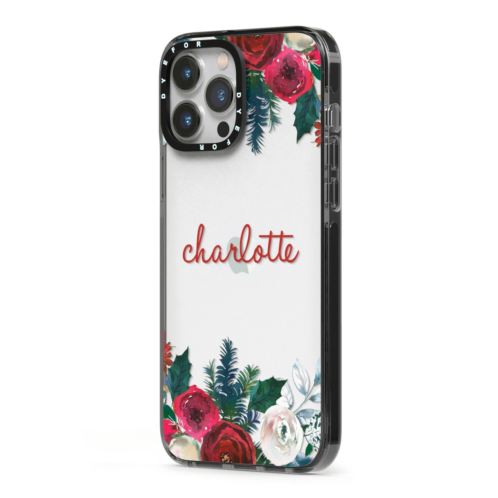 Christmas Flowers Personalised iPhone 13 Pro Max Black Impact Case Side Angle on Silver phone