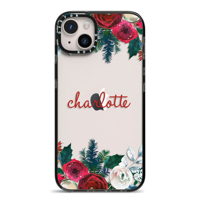 Christmas Flowers Personalised iPhone 14 Plus Black Impact Case on Silver phone