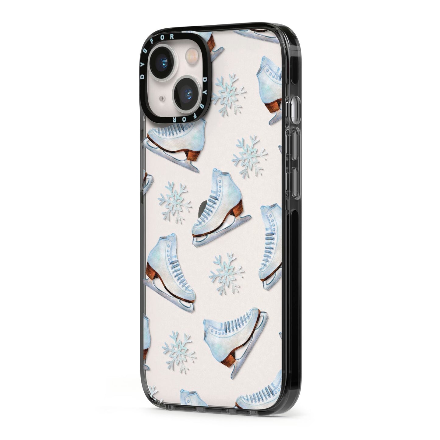 Christmas Ice Skates iPhone 13 Black Impact Case Side Angle on Silver phone