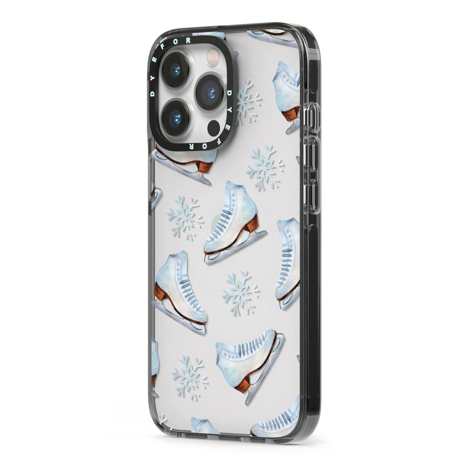 Christmas Ice Skates iPhone 13 Pro Black Impact Case Side Angle on Silver phone