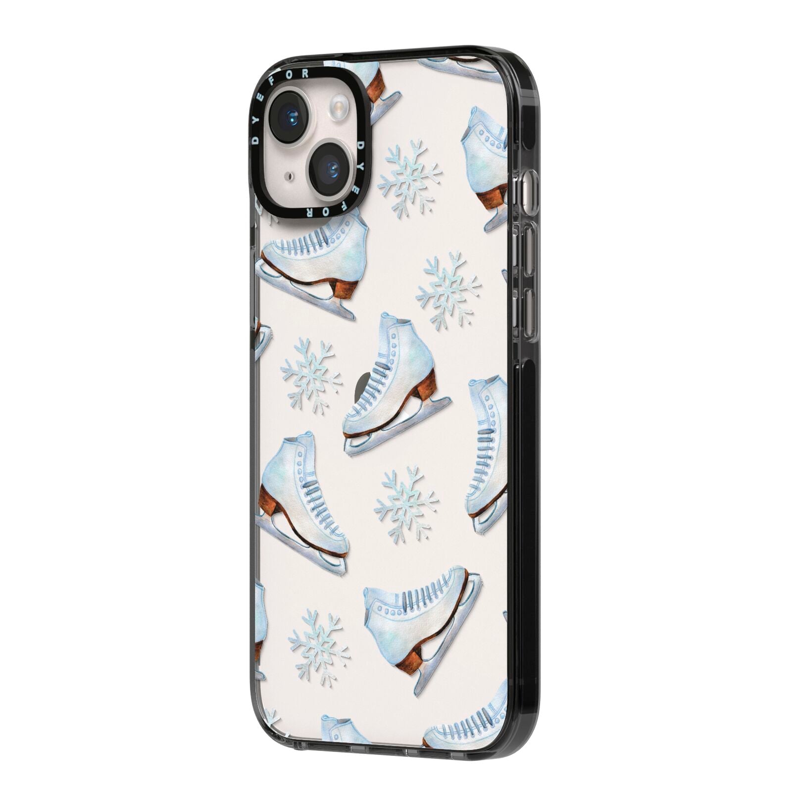Christmas Ice Skates iPhone 14 Plus Black Impact Case Side Angle on Silver phone
