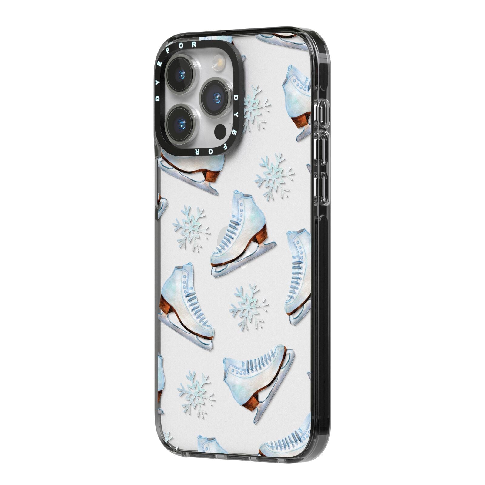 Christmas Ice Skates iPhone 14 Pro Max Black Impact Case Side Angle on Silver phone