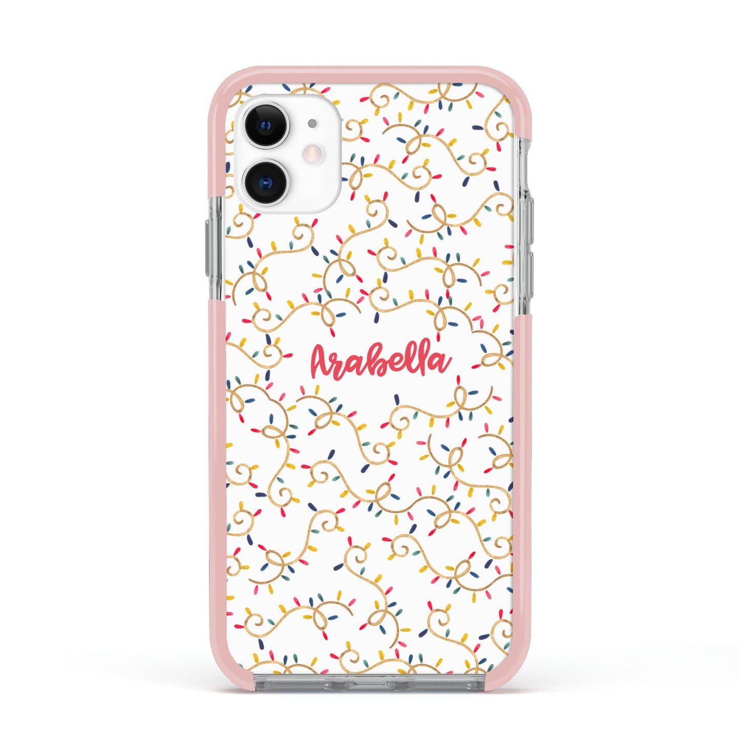 Christmas Lights Pattern Custom Apple iPhone 11 in White with Pink Impact Case