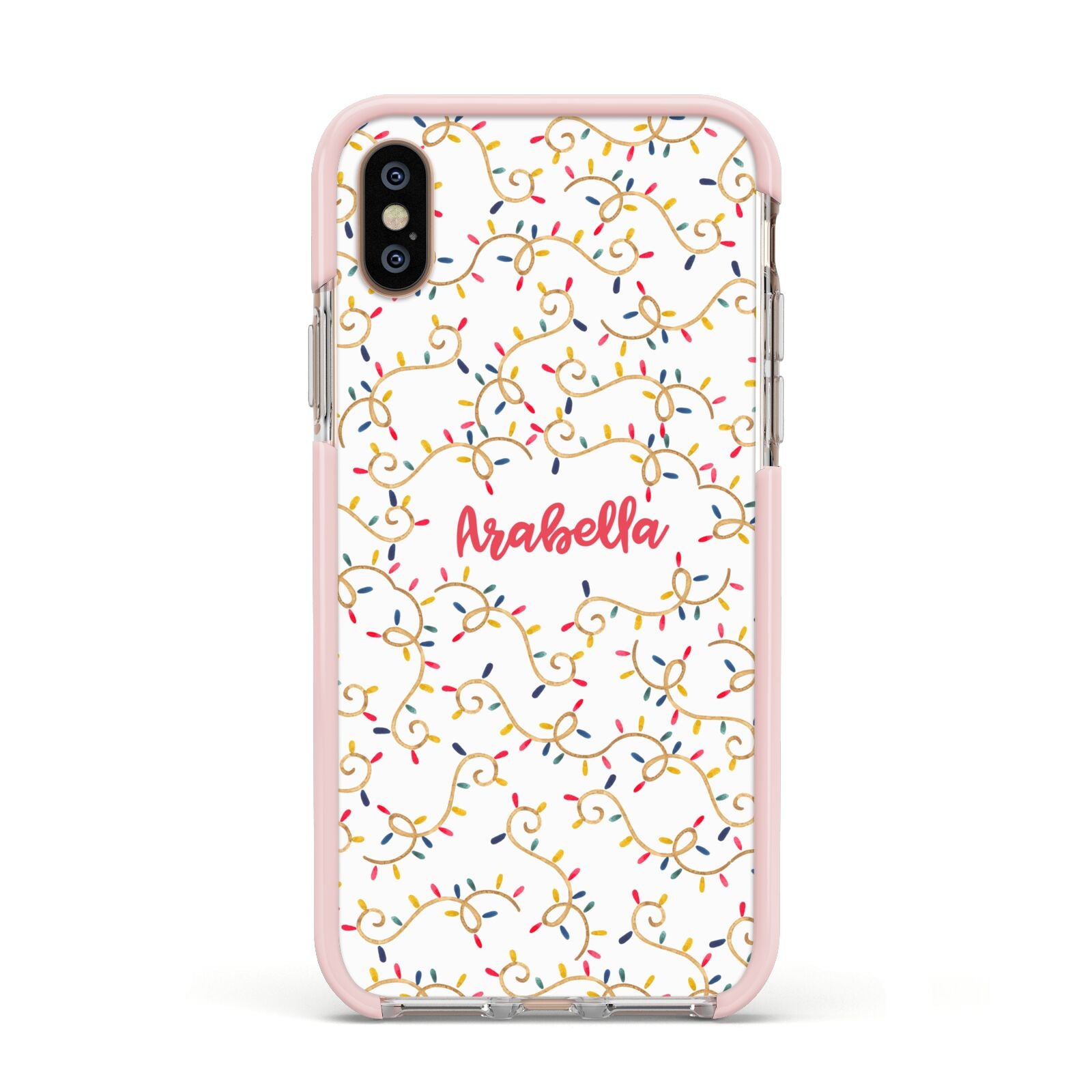 Christmas Lights Pattern Custom Apple iPhone Xs Impact Case Pink Edge on Gold Phone