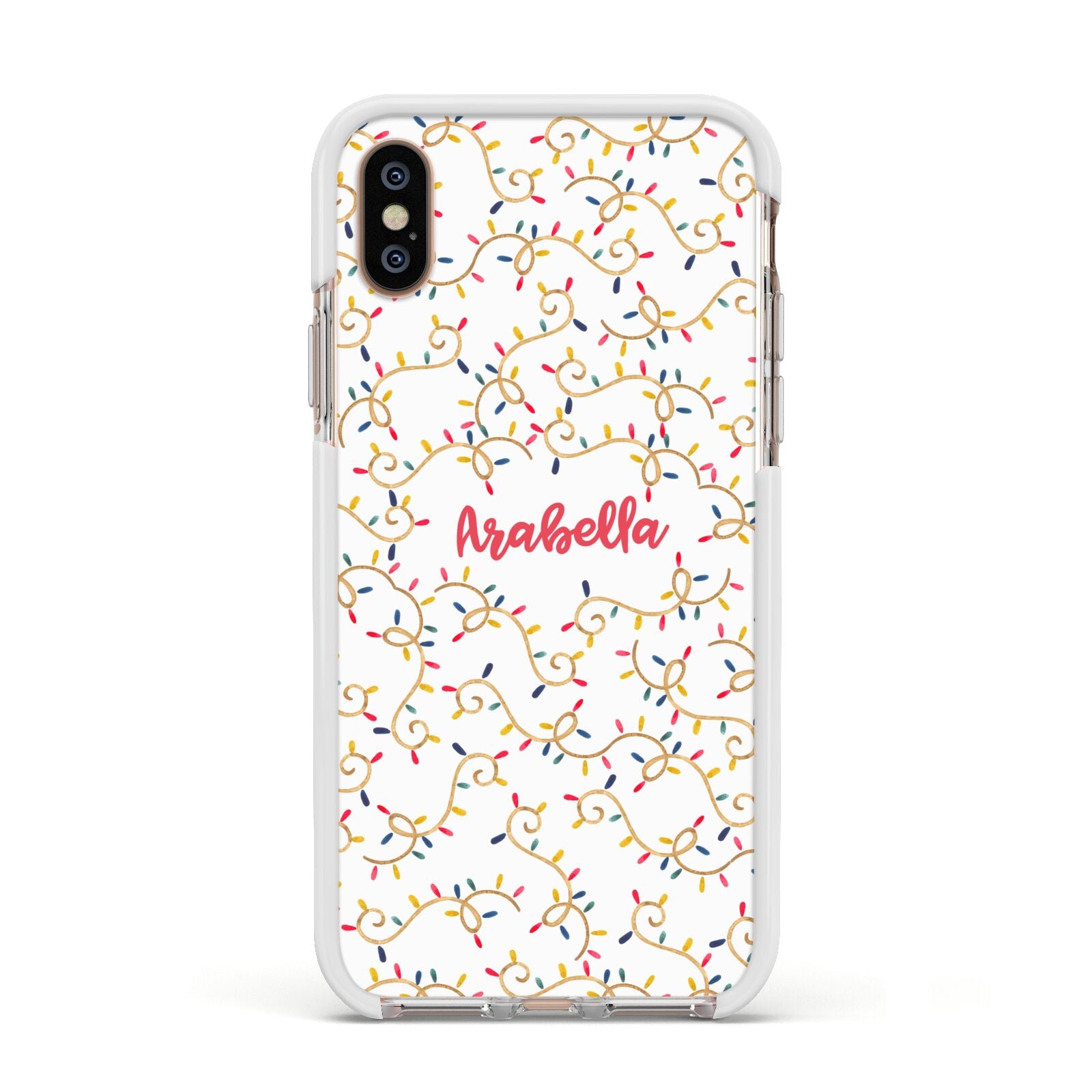 Christmas Lights Pattern Custom Apple iPhone Xs Impact Case White Edge on Gold Phone