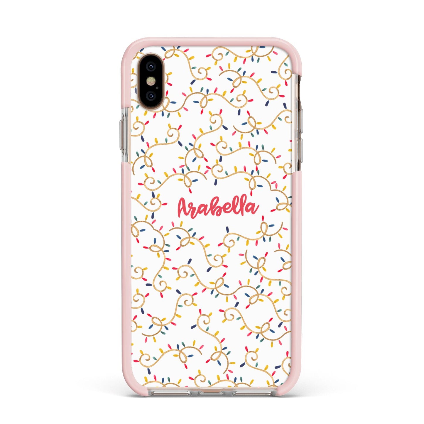 Christmas Lights Pattern Custom Apple iPhone Xs Max Impact Case Pink Edge on Gold Phone