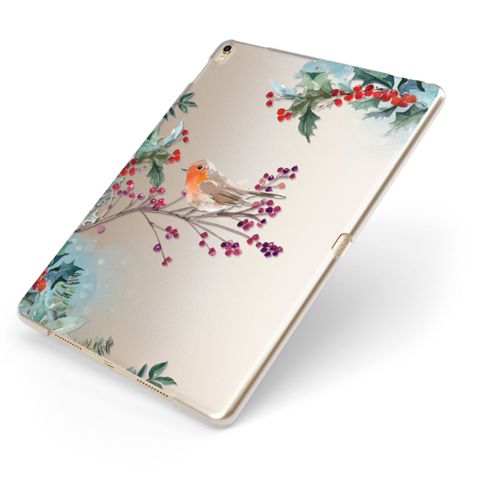 Christmas Robin Floral Apple iPad Case on Gold iPad Side View