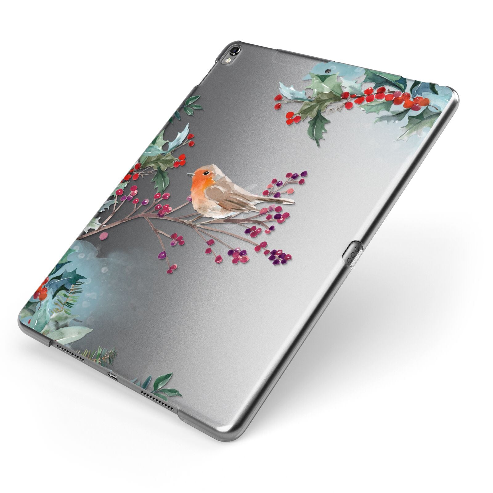 Christmas Robin Floral Apple iPad Case on Grey iPad Side View