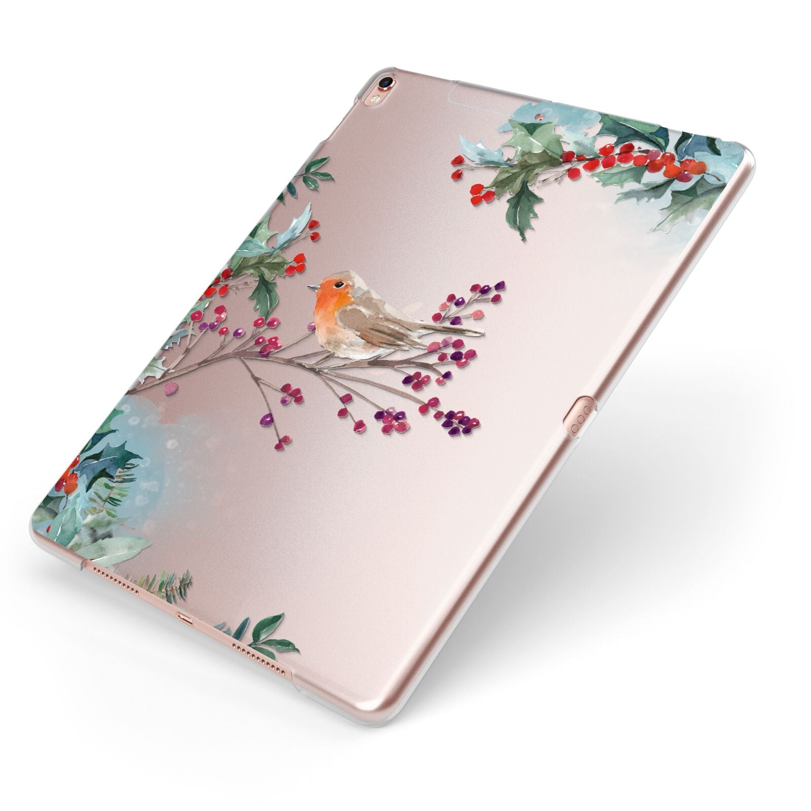 Christmas Robin Floral Apple iPad Case on Rose Gold iPad Side View