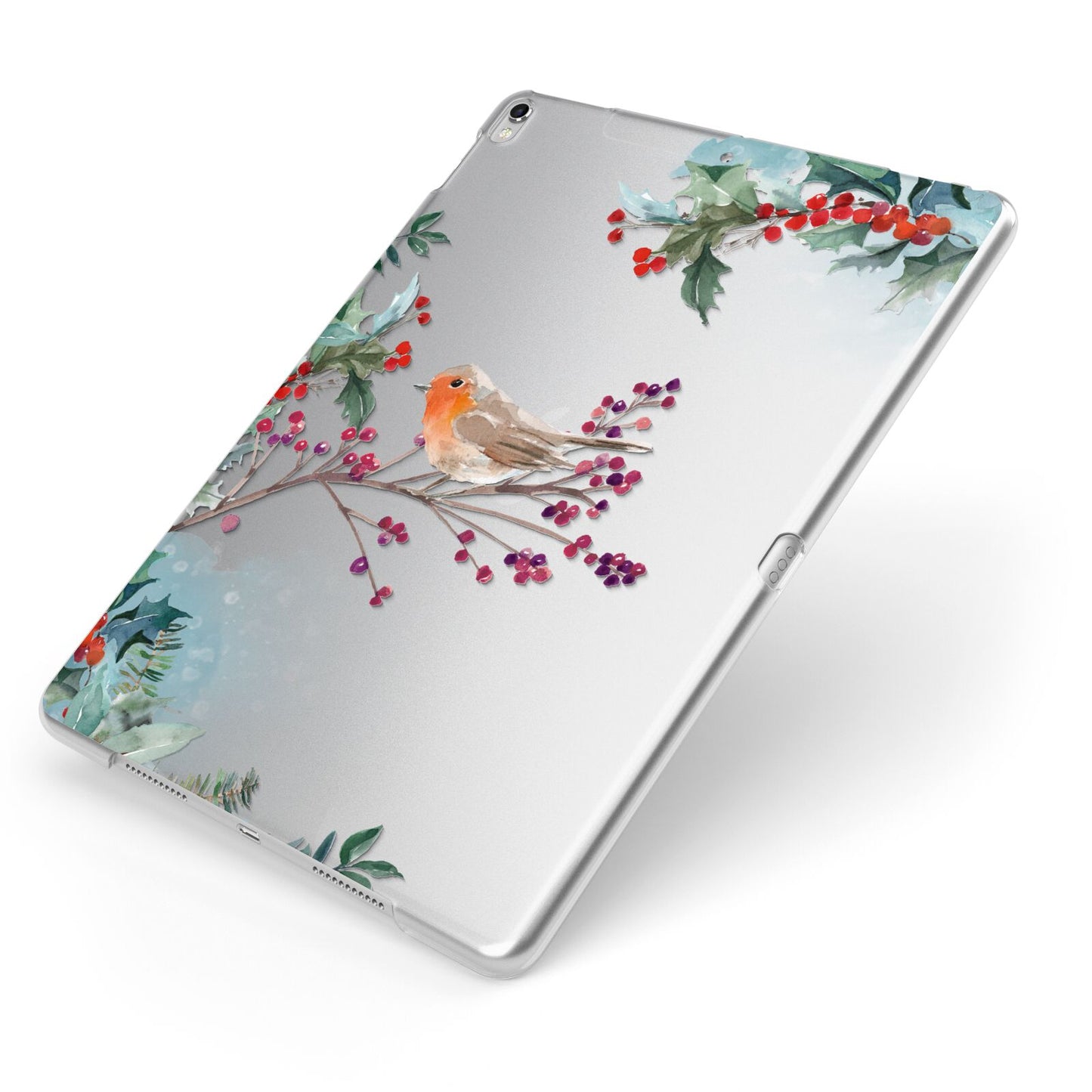 Christmas Robin Floral Apple iPad Case on Silver iPad Side View