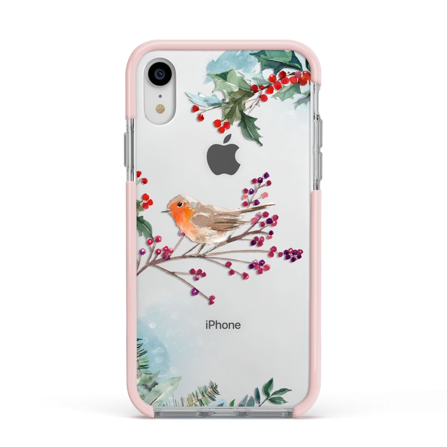 Christmas Robin Floral Apple iPhone XR Impact Case Pink Edge on Silver Phone