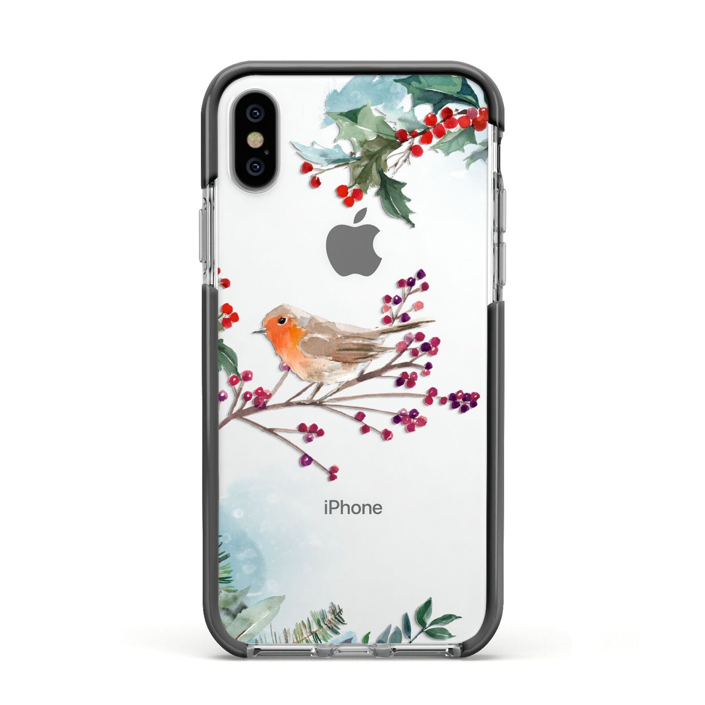 Christmas Robin Floral Apple iPhone Xs Impact Case Black Edge on Silver Phone