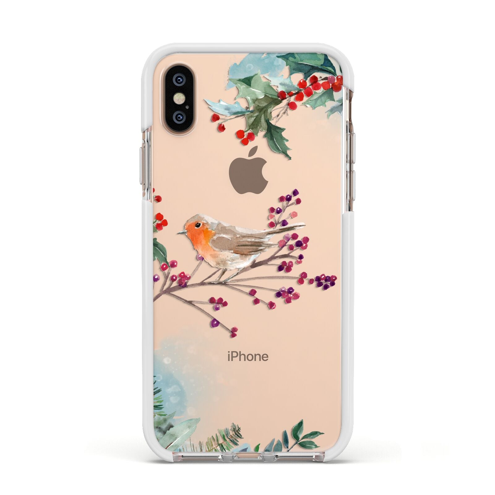 Christmas Robin Floral Apple iPhone Xs Impact Case White Edge on Gold Phone