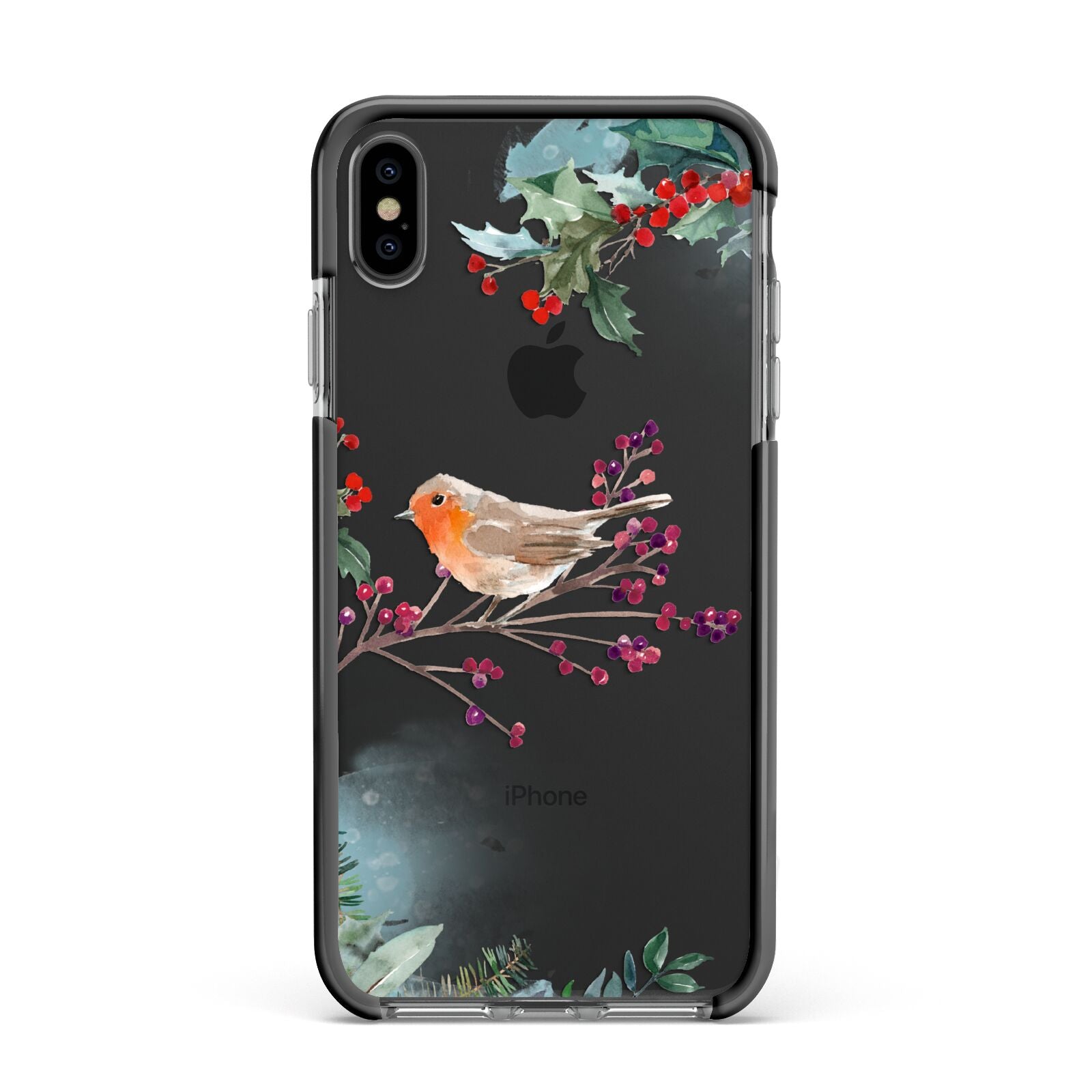 Christmas Robin Floral Apple iPhone Xs Max Impact Case Black Edge on Black Phone