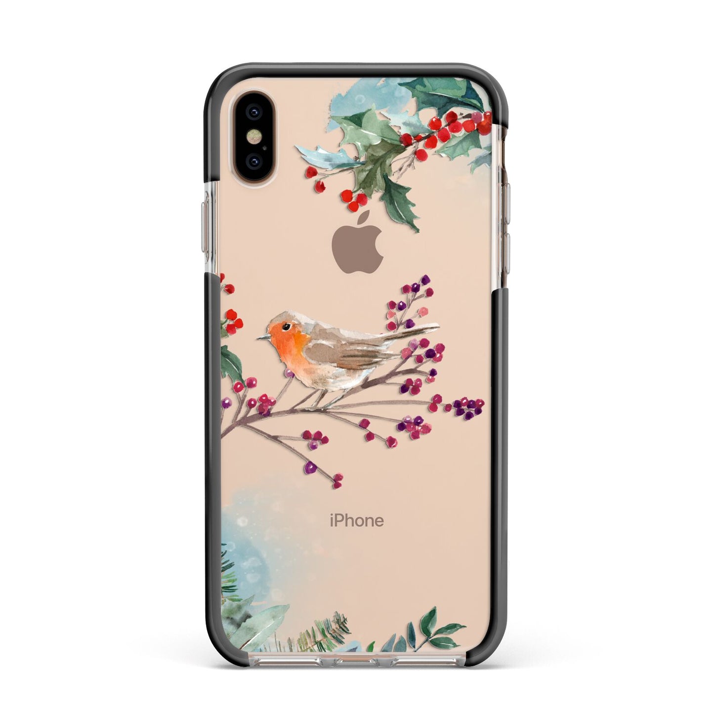 Christmas Robin Floral Apple iPhone Xs Max Impact Case Black Edge on Gold Phone