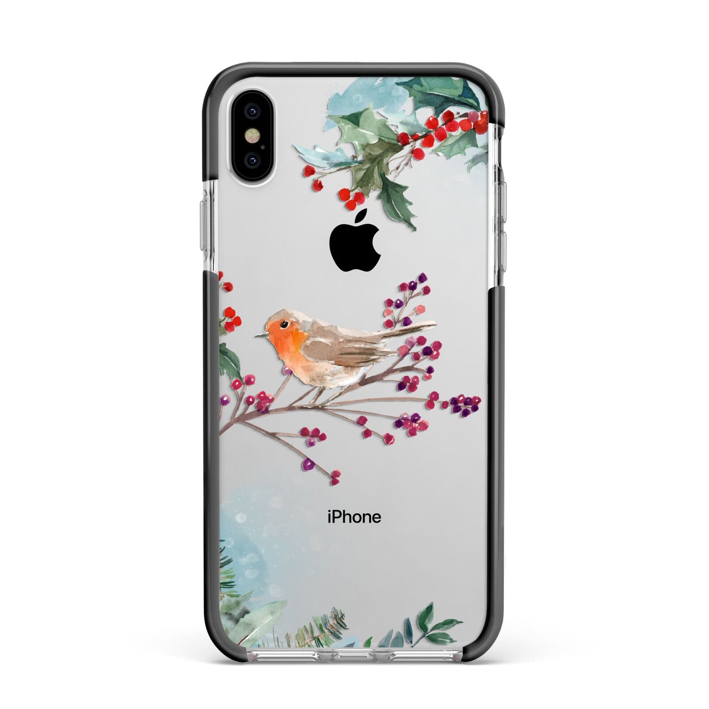 Christmas Robin Floral Apple iPhone Xs Max Impact Case Black Edge on Silver Phone