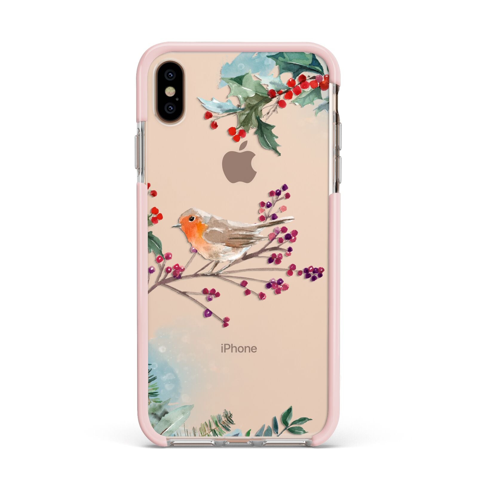 Christmas Robin Floral Apple iPhone Xs Max Impact Case Pink Edge on Gold Phone