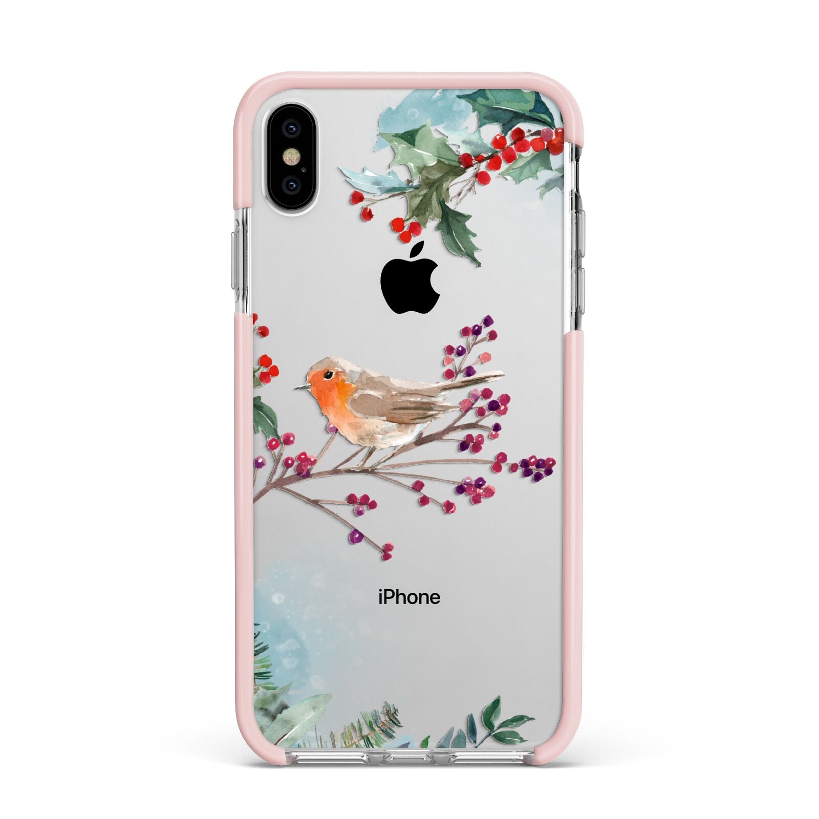 Christmas Robin Floral Apple iPhone Xs Max Impact Case Pink Edge on Silver Phone